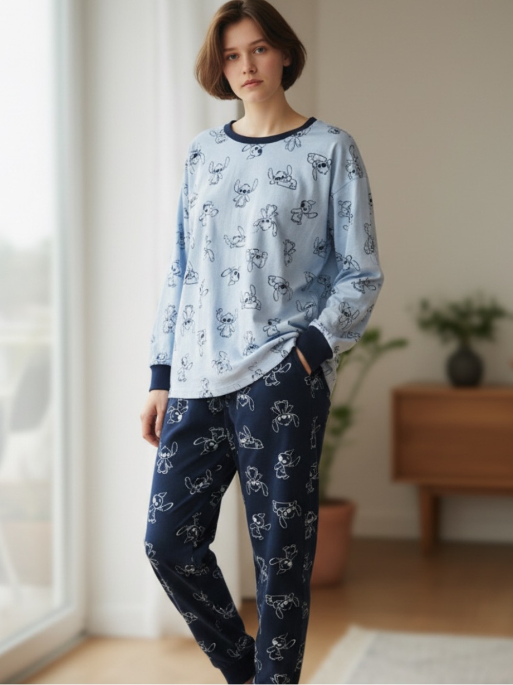 Disney Light Blue & Navy Stitch Print Women's Pajama Set